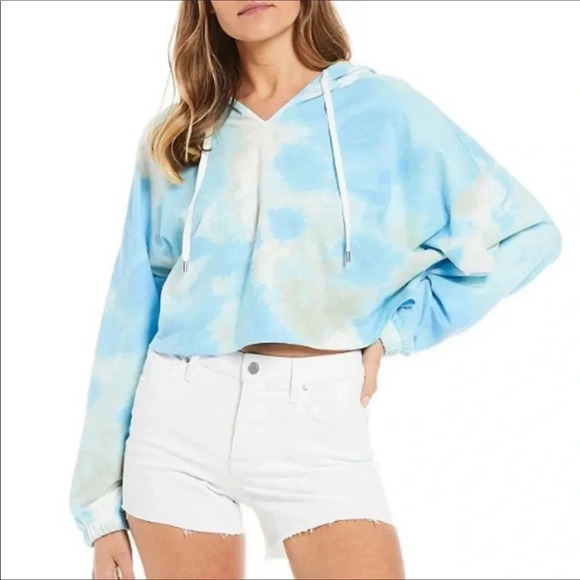 NWT Frayed Jeans Amber Crop Hoodie  Blue Elixir Mist Air Tie Dye Women’s XL - Picture 1 of 4